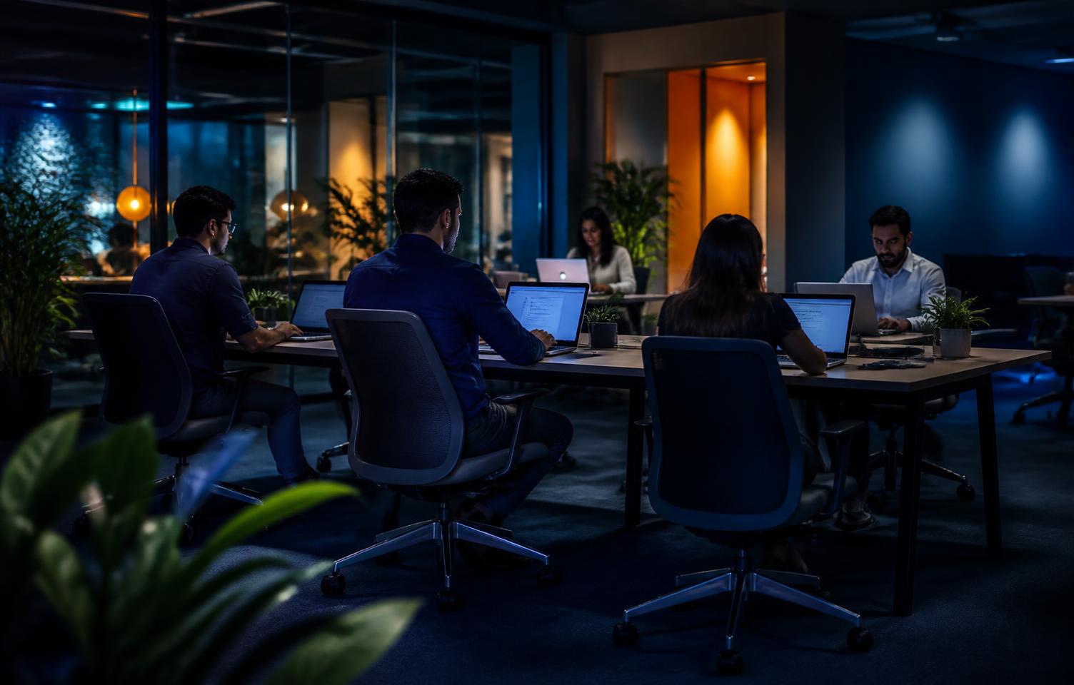 Equipe trabalhando normalmente em cadeiras emprestadas durante a reforma do lote