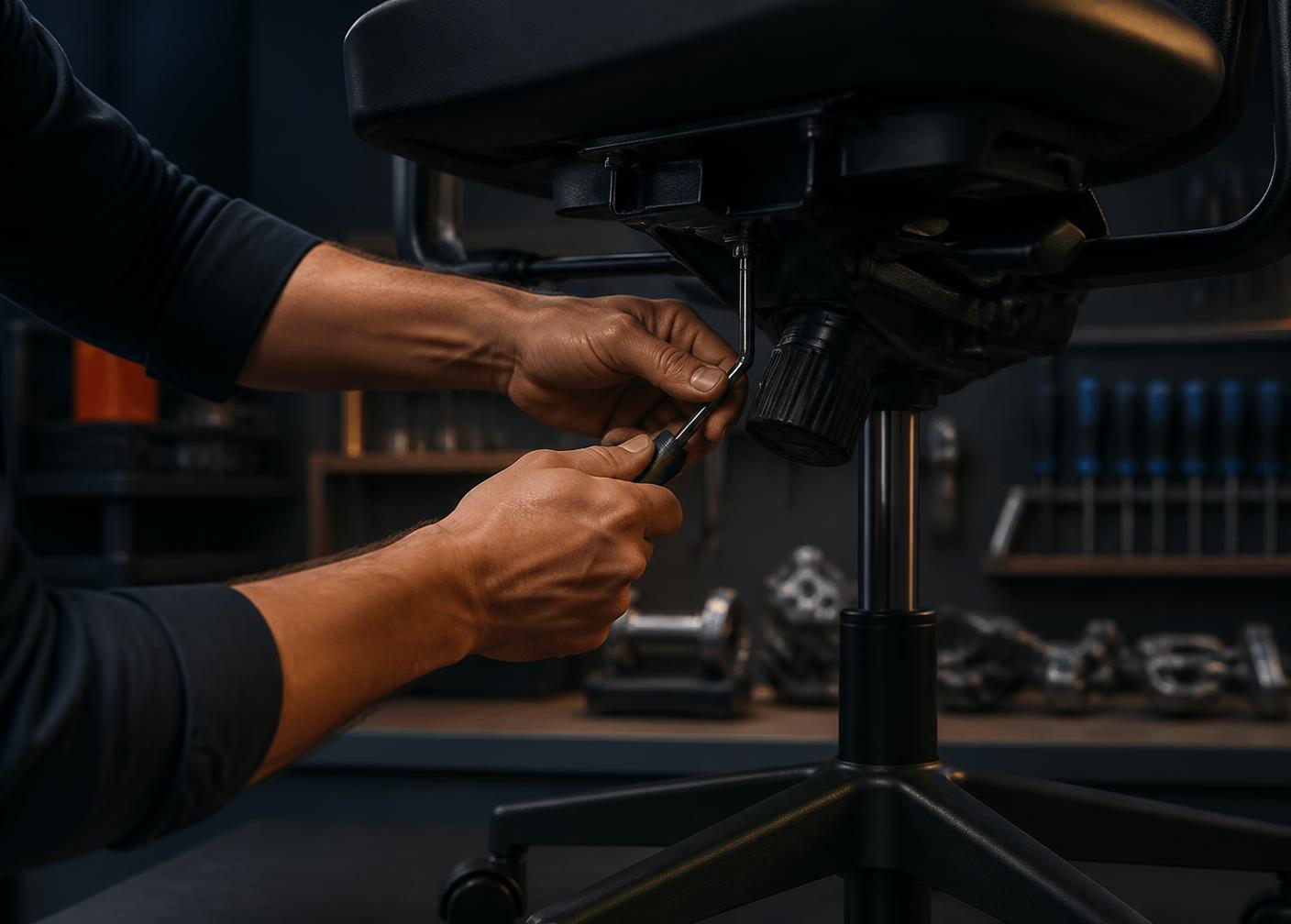 Técnico da SOS Cadeiras reparando o mecanismo sob uma cadeira de escritório